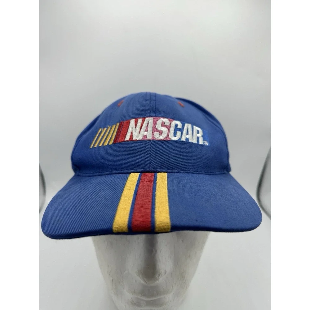 Vintage NASCAR Checkered Flag Sport Snapback Hat Blue Embroidered Racing